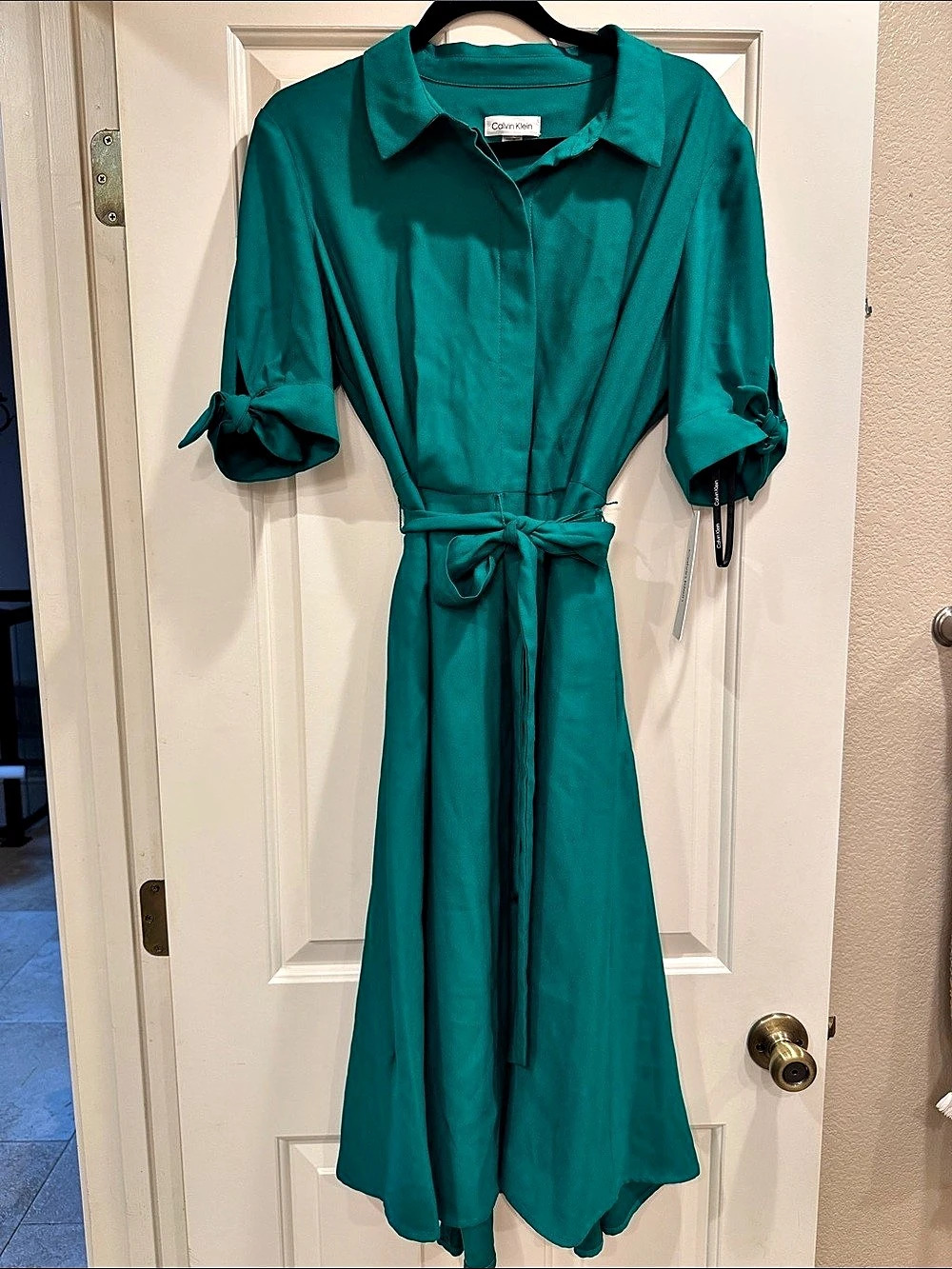 Calvin Klein Tie-Sleeve Crepe Shirtdress Green Size 12 NWT